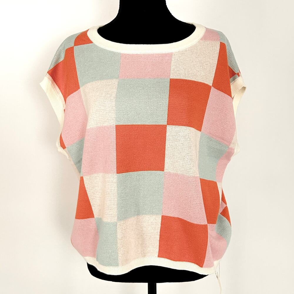 Oversized Soft Girl Checker Cap Sleeve Sweater Womens Boxy Pastel Knit Large NWT - Picture 3 of 8
